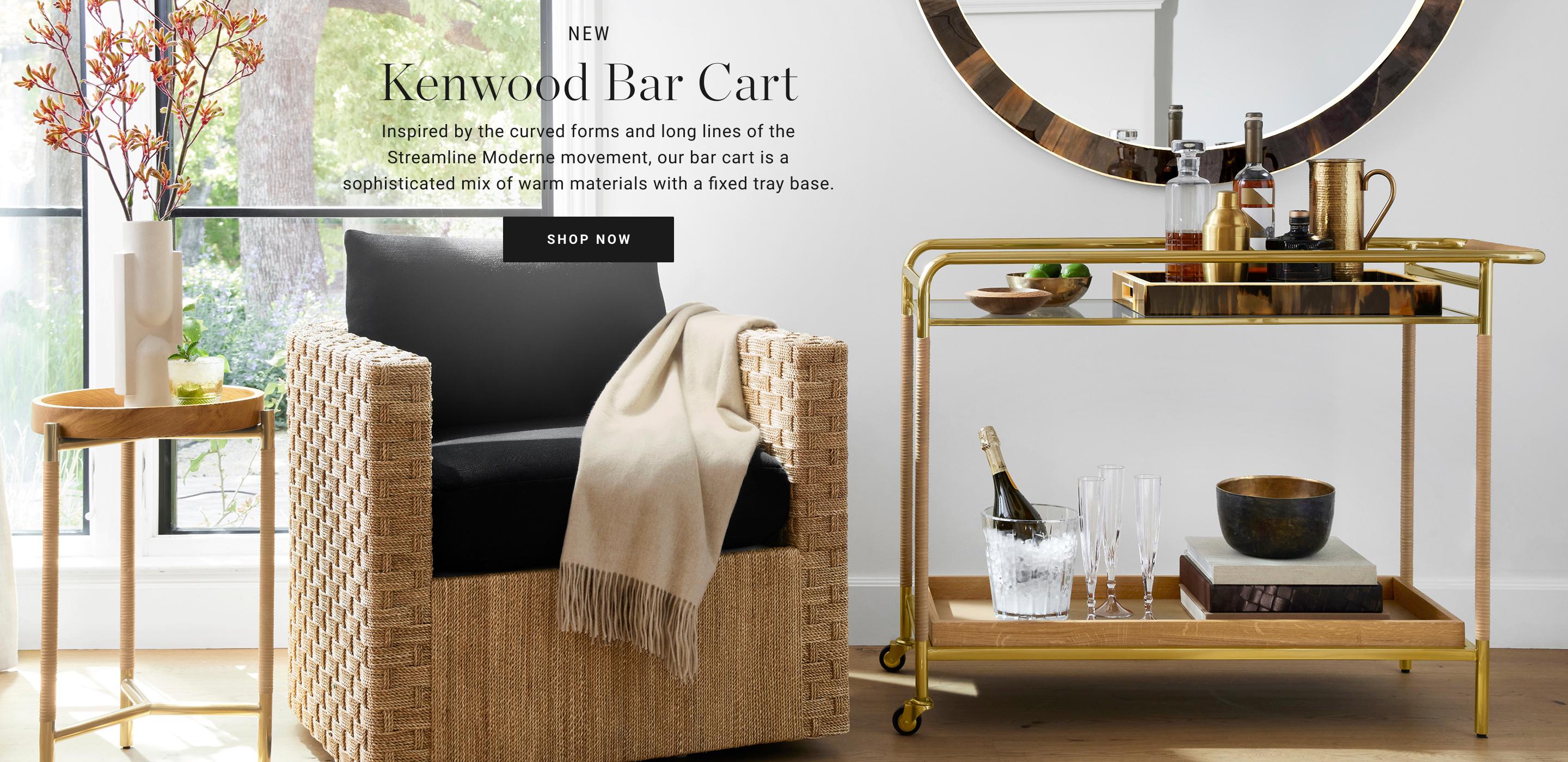 Kentwood Bar Cart | Inspired by the curved forms and long lines of the Streamline Moderne movement, our bar cart is a sophisticated mix of warm materials with a fixed tray base. | Shop Now